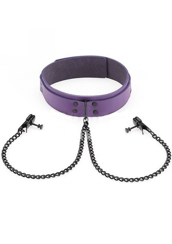 Crave Leather Collar With Broad Tip Nipple Clamps Purple