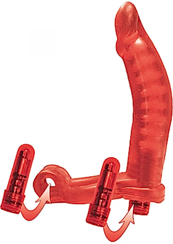 Double Penetrator Cockring With 2 Variable Speed Wireless Bullets Red