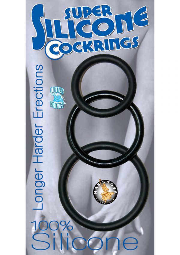 Super Silicone Cockrings Set Of 3 Rings Waterproof Black