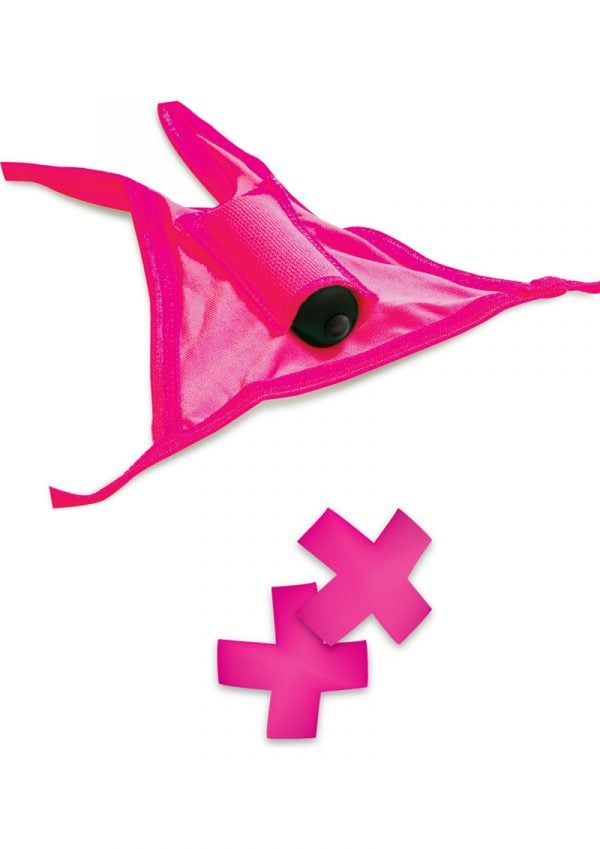 Neon Vibrating Crotchless Panty And Pasties Set Waterproof Pink