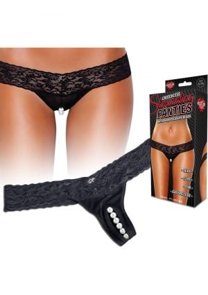 Hustler Toys Crotchless Stimulating Panties Thong With Pearl Pleasure Beads Black Medium/Large