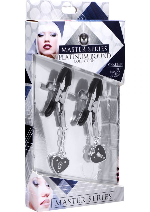 Master Series Platinum Bound Charmed Heart Padlock Nipple Clamps