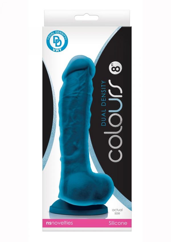 Colours Dual Density 8in Blue Silicone Dildo With Balls Realistic Non-Vibrating Suction Cup Base