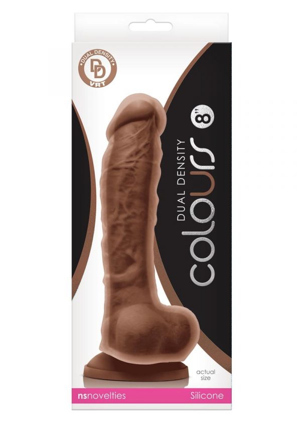 Colours Dual Density 8in Silicone Dildo With Balls Realistic - Caramel