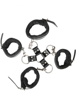 Adam and Eve Hog Tie Adjustable Vegan Leather Faux Fur Cuffs Black