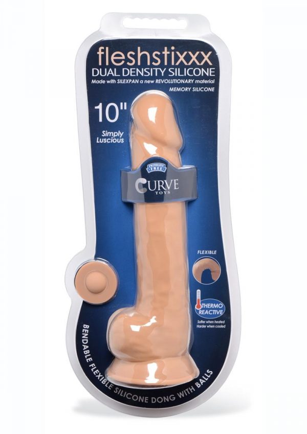 FleshStixxx Dual Density Silicone Bendable Dong With Balls 10in - Caramel