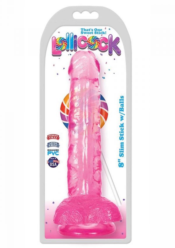Lollicock Slim Stick Dildo With Balls 8in - Cherry Ice