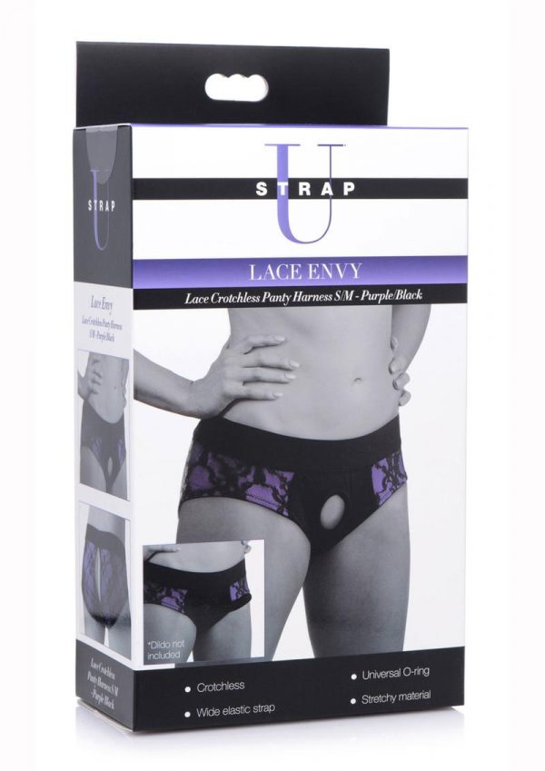 Strap U Lace Envy Lace Crotchless Panty Harness - Small/Medium - Purple/Black