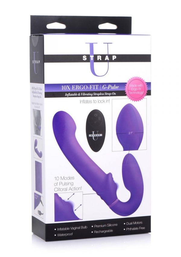 Strap U Ergo-Fit G-Pulse Silicone Rechargeable 10X Dual Dildo Strapless Strap-On With Remote Control - Purple