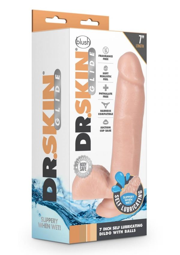 Dr. Skin Glide Self Lubricating Dildo With Balls 7in - Vanilla