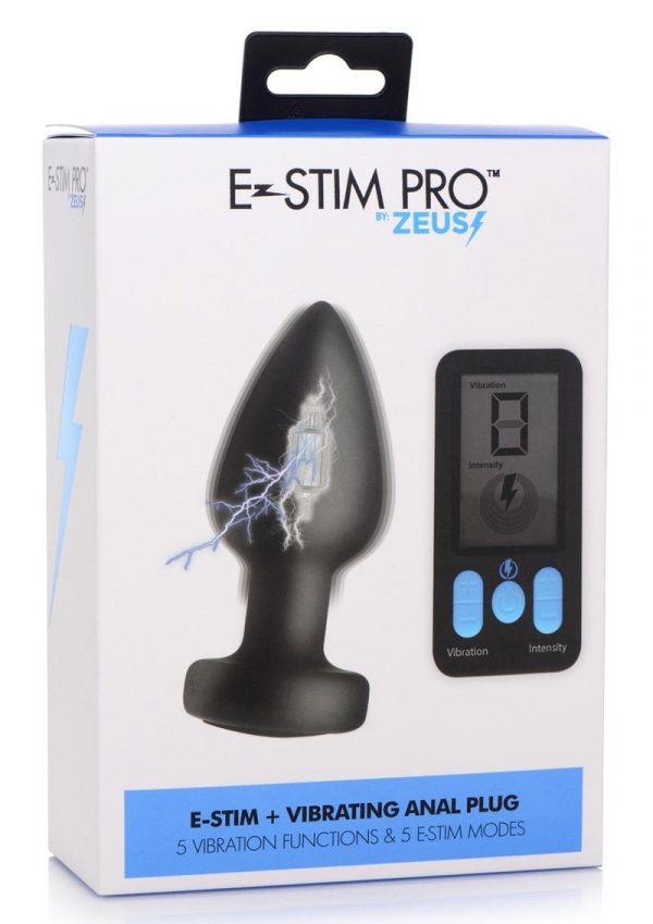 Zeus Vibrating andamp; E-Stim Silicone Rechargeable Anal Plug With Remote Control - Black