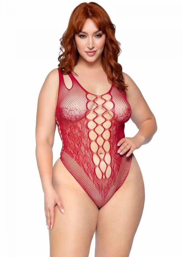 Leg Avenue Seamless Net Lace Bodysuit with Dual Shoulder Straps and Cheeky Cut Bottom - 1X/2X - Burgundy