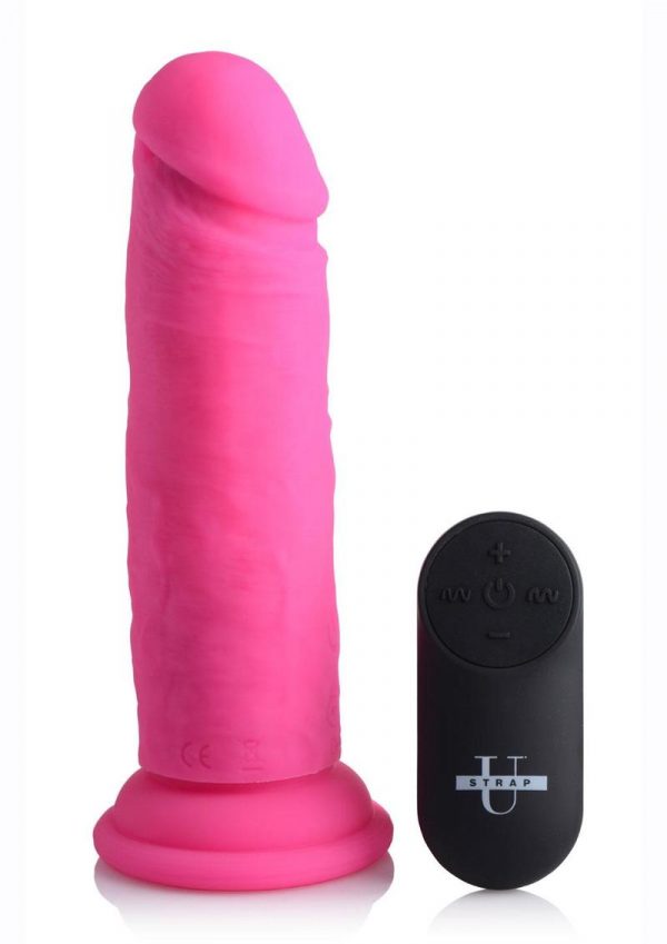 Strap U Power Player 28X Vibrating Silicone Rechargeable Dildo 6.5in With Remote Control - Pink