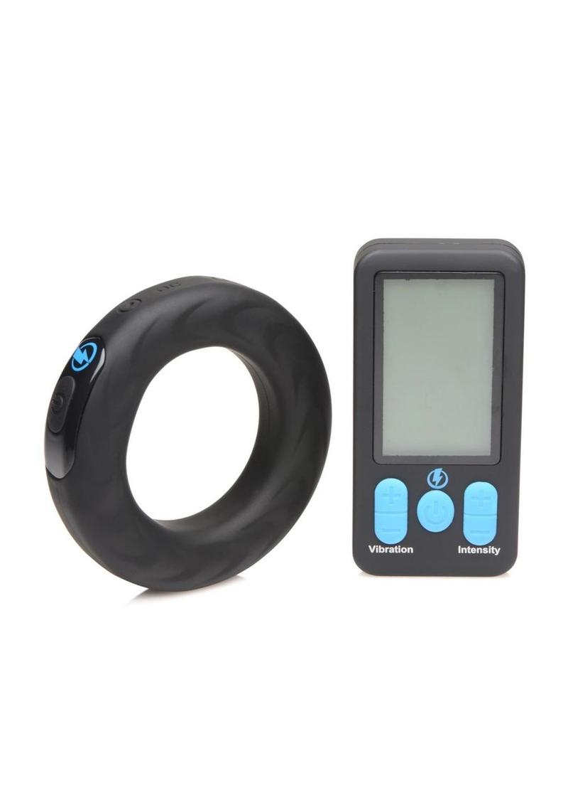 Zeus Vibrating andamp; E-Stim Rechargeable Silicone Cock Ring with Remote Control 50mm - Black