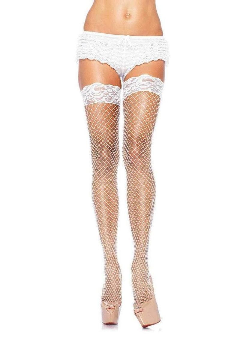 Leg Avenue Spandex Industrial Net Thigh Highs with Stay Up Silicone Lace Top - O/S - White