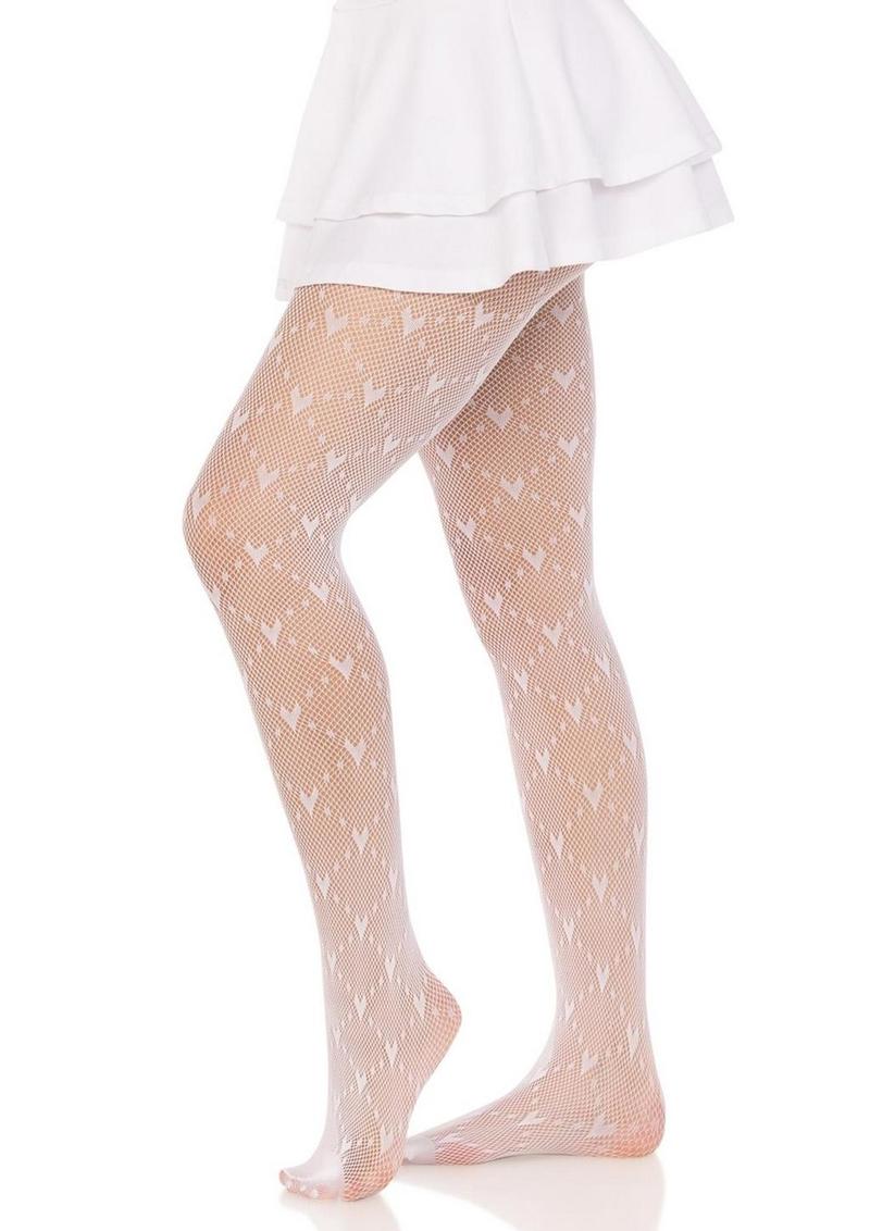 Leg Avenue Love Struck Heart Net Tights - O/S - White