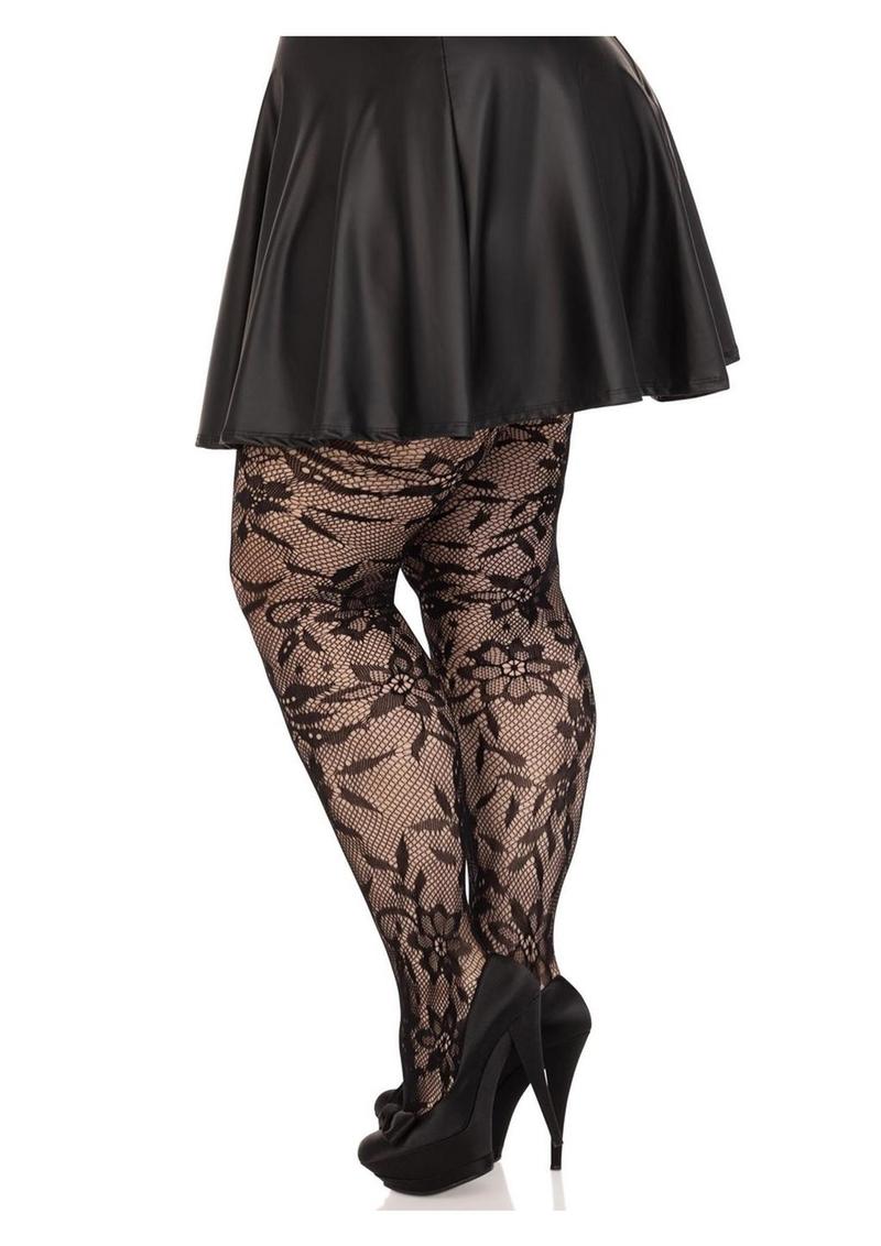 Leg Avenue Seamless Chantilly Floral Lace Tights - 1X-2X - Black