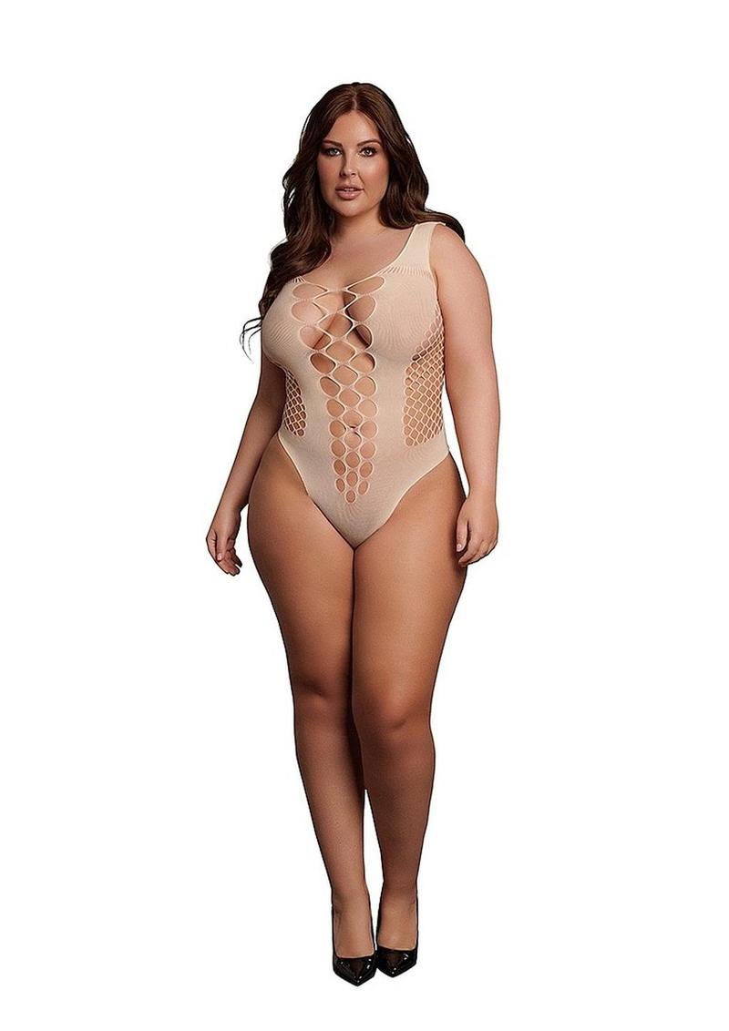 Le Desir V-Neck Teddy with Opaque Panels - Queen - Beige